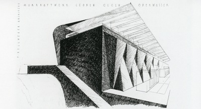 Peter Hellweger: Entwurfsskizze für ein Murkraftwerk in Leoben, 2004, Nachlass Peter Hellweger