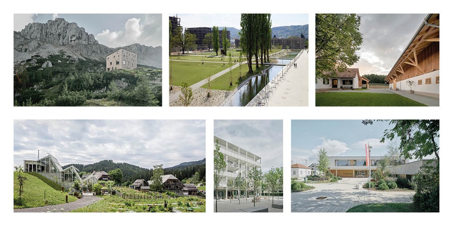 © Oben v.l.: Ersatzbau der Voisthalerhütte am Hochschwab © David Schreyer | Reininghaus Park Graz © Johannes Hloch | Weinhof Locknbauer © Simon Oberhofer |
Unten v.l.: Steirereck am Pogusch Zubau & Umbau © Hertha Hurnaus | Wohnbebauung Marburgerhöfe Graz © David Schreyer | Volksschule Kaindorf an der Sulm © David Schreyer